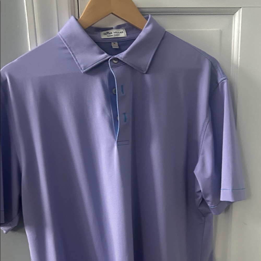 Peter Millar golf polo.  Size M.  Lavender with thin pink stripes.